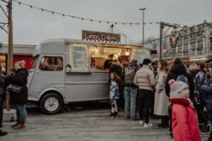 Food truck at dusk illustrating 2026 food truck insurance cost by coverage type