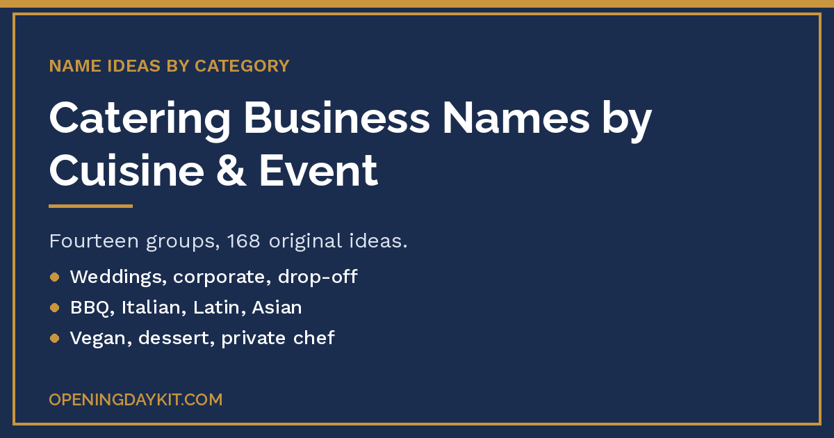 Catering business names grouped by cuisine and event style