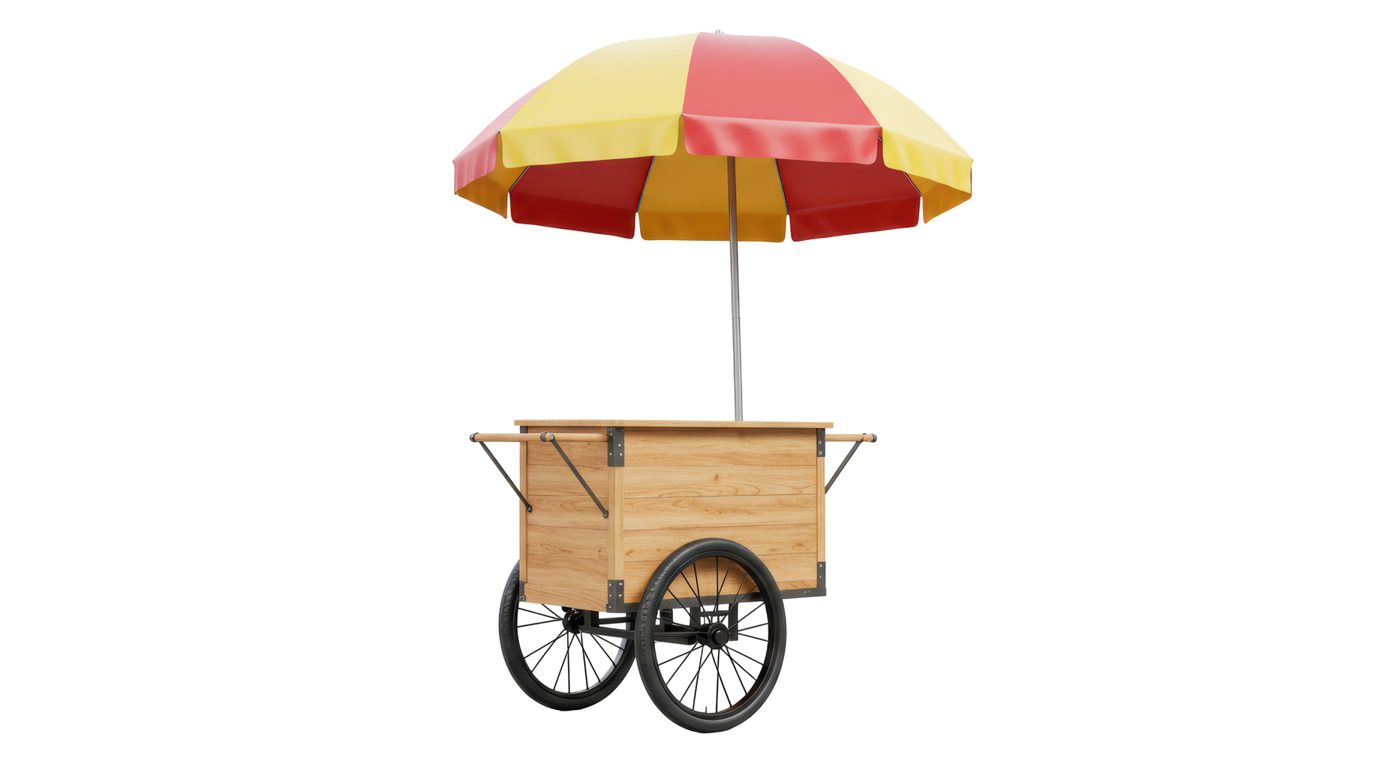 Food cart insurance covers a small wooden food cart with umbrella